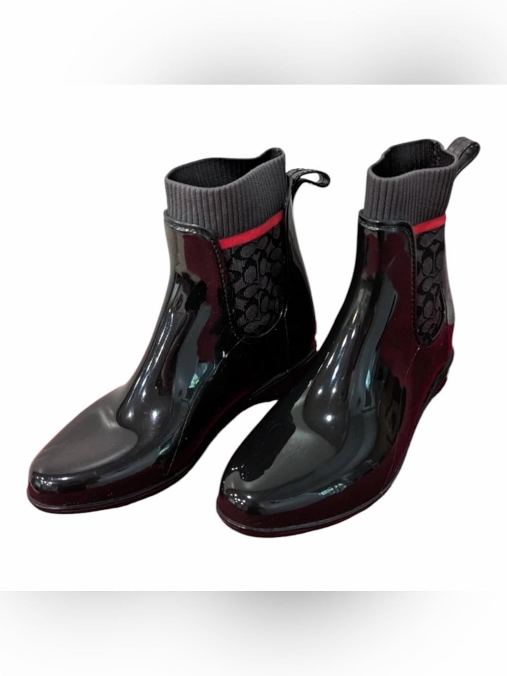 Coach Black Patent Ankle Rain Boots with Gray Knit Collar and Red Trim - Picture 1 of 7